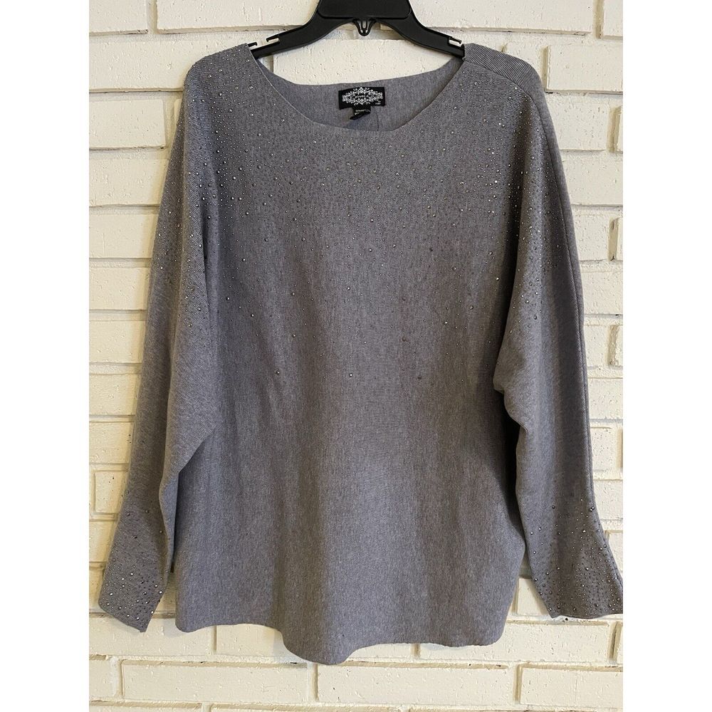 NEW Oliver O. Long Sleeve Womens Gray Sweater With‎ Rhinestones Size 3X